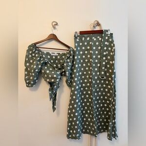 Faithfull the Brand Olive and White Polka Dot wrap top and skirt matching set